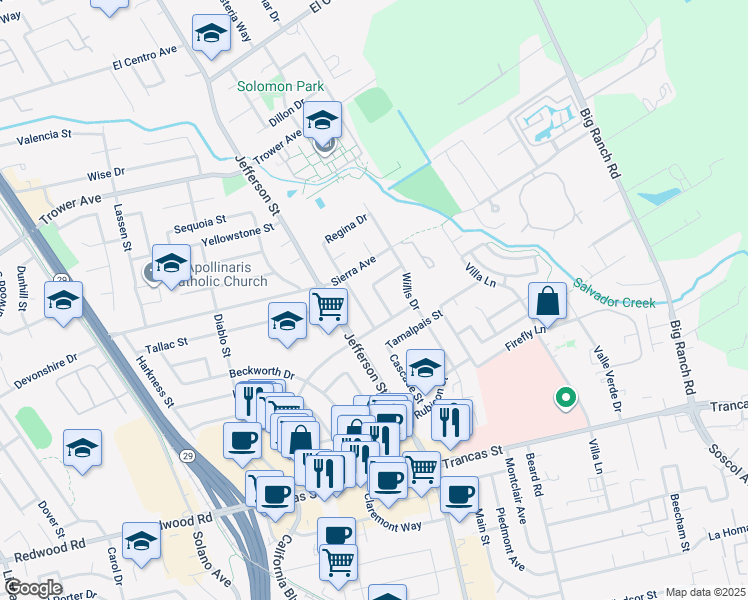 map of restaurants, bars, coffee shops, grocery stores, and more near 3649 Palo Verde Street in Napa