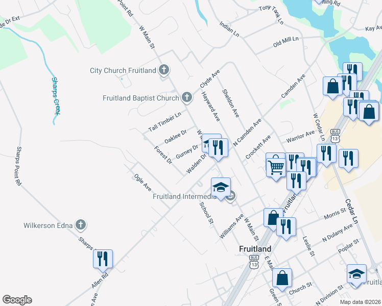 map of restaurants, bars, coffee shops, grocery stores, and more near 104 Walden Drive in Fruitland