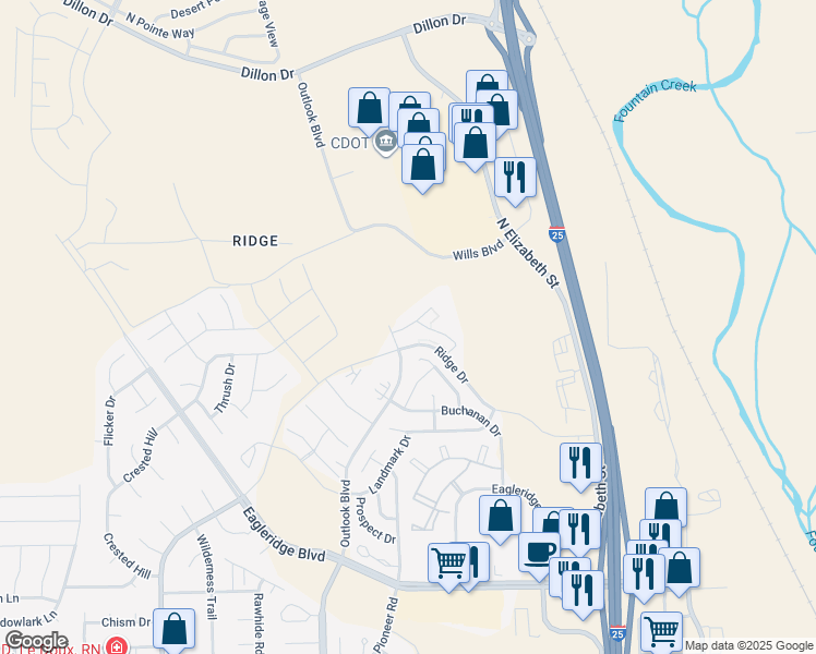 map of restaurants, bars, coffee shops, grocery stores, and more near 5300 Outlook Boulevard in Pueblo