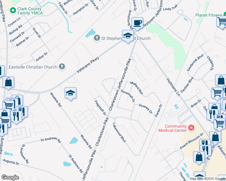 map of restaurants, bars, coffee shops, grocery stores, and more near 3697 Stonecreek Circle in Jeffersonville