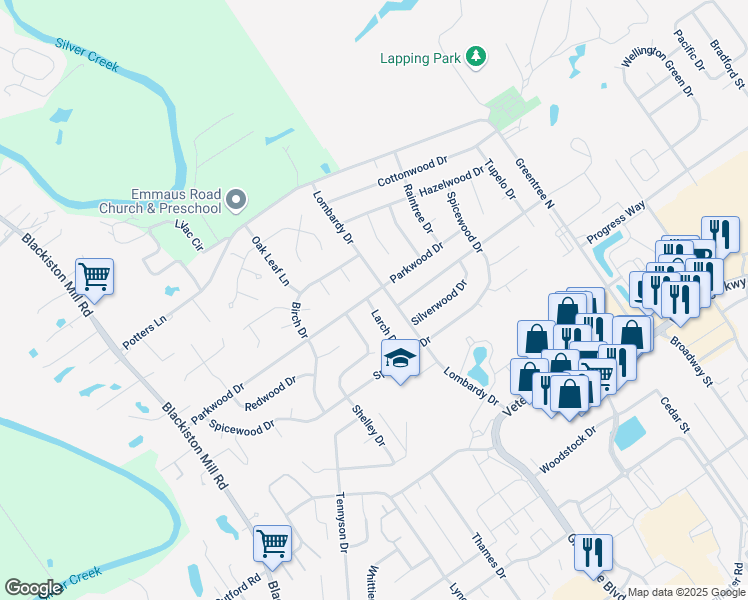 map of restaurants, bars, coffee shops, grocery stores, and more near 2260 Larch Drive in Clarksville