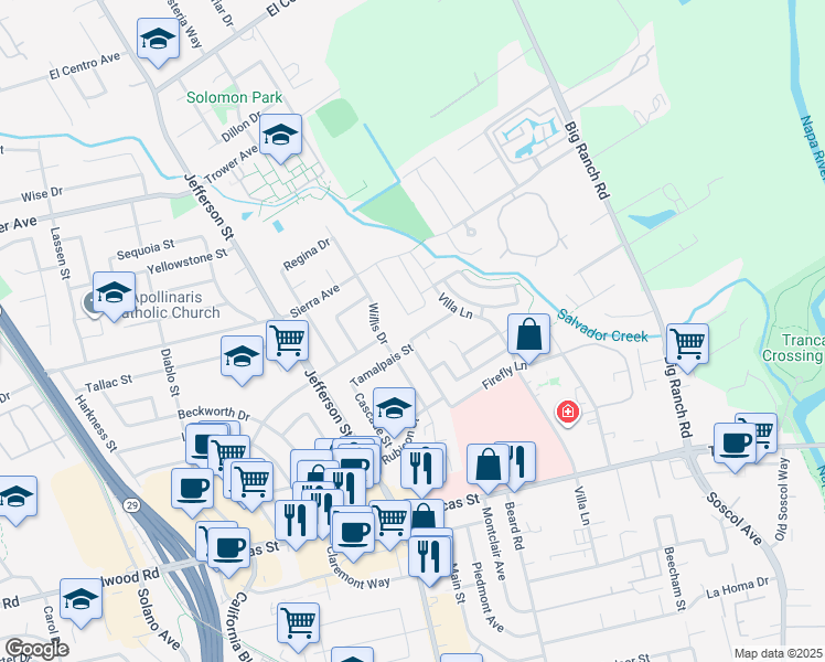 map of restaurants, bars, coffee shops, grocery stores, and more near 40 Blackberry Drive in Napa