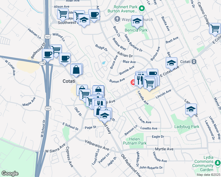 map of restaurants, bars, coffee shops, grocery stores, and more near 413 Matteri Circle in Cotati