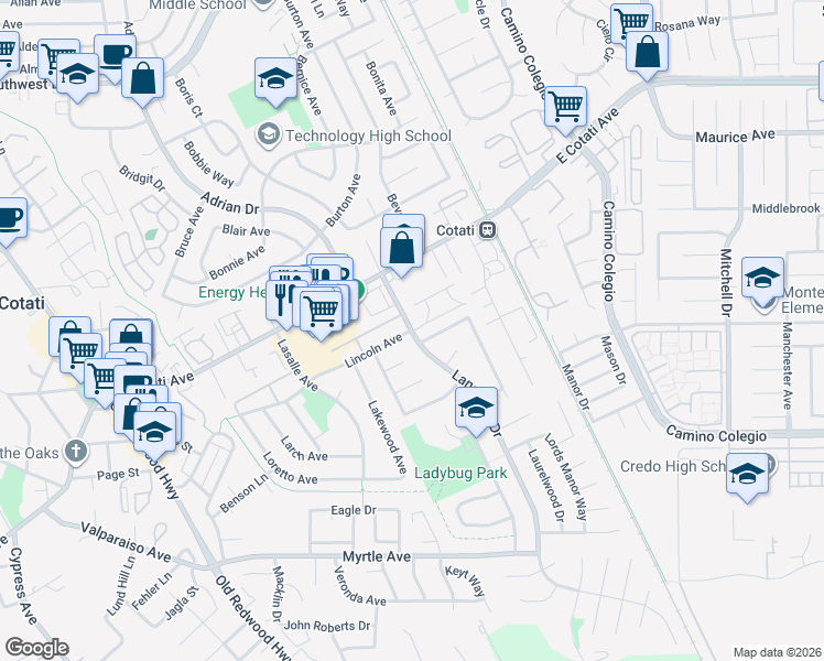 map of restaurants, bars, coffee shops, grocery stores, and more near Lancaster Dr & Lincoln Ave in Rohnert Park