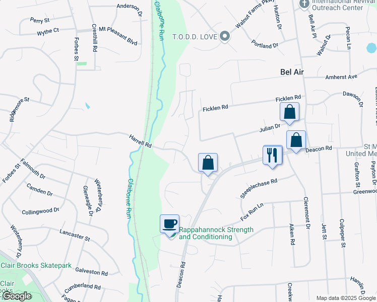 map of restaurants, bars, coffee shops, grocery stores, and more near 108 Ben Neuis Place in Fredericksburg