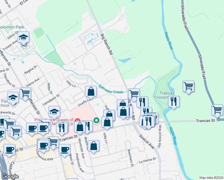 map of restaurants, bars, coffee shops, grocery stores, and more near 3562 Shelter Creek Drive in Napa