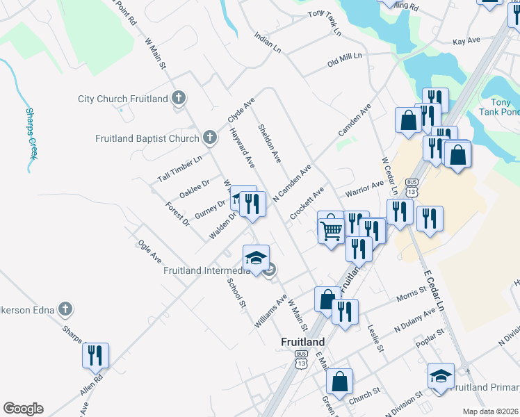 map of restaurants, bars, coffee shops, grocery stores, and more near 108 North Camden Avenue in Fruitland