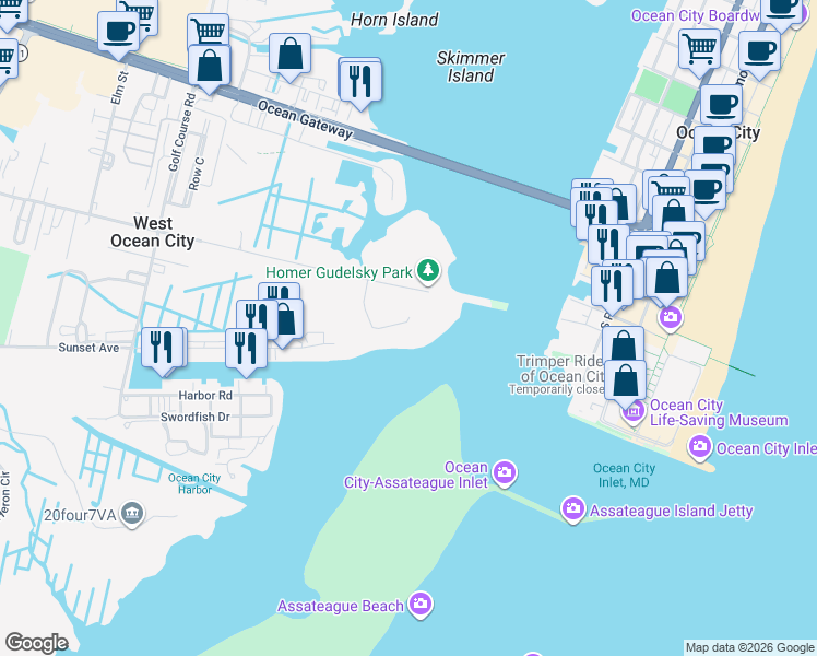 map of restaurants, bars, coffee shops, grocery stores, and more near Martha's Landing Drive in West Ocean City
