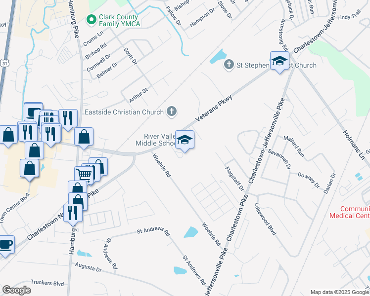 map of restaurants, bars, coffee shops, grocery stores, and more near 2220 Veterans Parkway in Jeffersonville