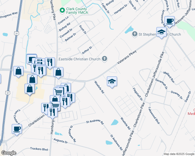 map of restaurants, bars, coffee shops, grocery stores, and more near 2220 Veterans Parkway in Jeffersonville