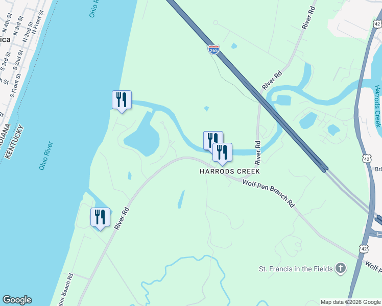 map of restaurants, bars, coffee shops, grocery stores, and more near 6205 River Road in Prospect
