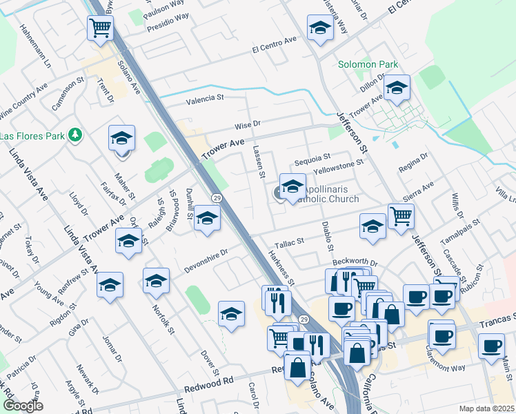 map of restaurants, bars, coffee shops, grocery stores, and more near 3719 Lassen Street in Napa