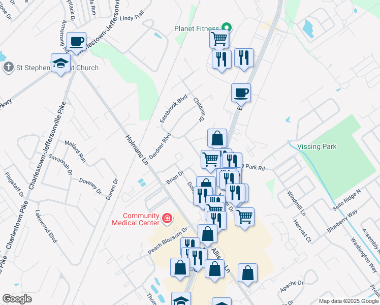 map of restaurants, bars, coffee shops, grocery stores, and more near 3107 Brian Drive in Jeffersonville