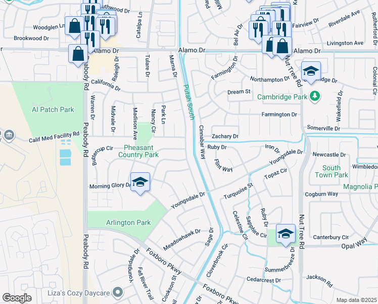 map of restaurants, bars, coffee shops, grocery stores, and more near 627 Countryside Drive in Vacaville
