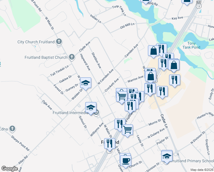 map of restaurants, bars, coffee shops, grocery stores, and more near 301 Hayward Avenue in Fruitland