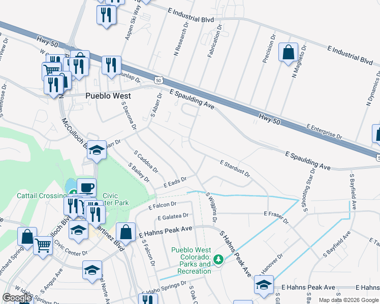 map of restaurants, bars, coffee shops, grocery stores, and more near 197 South Eads Drive in Pueblo West