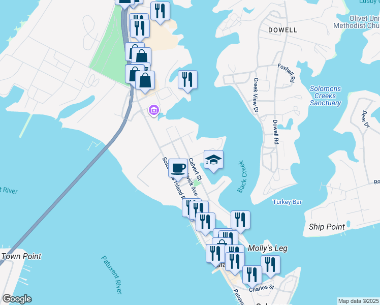 map of restaurants, bars, coffee shops, grocery stores, and more near 14274 Calvert Street in Solomons