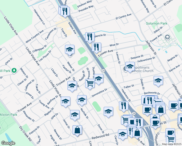 map of restaurants, bars, coffee shops, grocery stores, and more near 3948 Briarwood Street in Napa