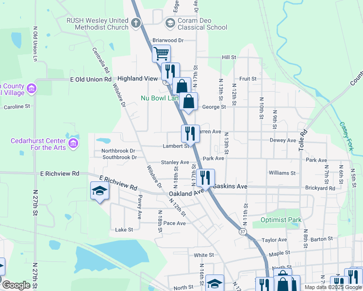 map of restaurants, bars, coffee shops, grocery stores, and more near 1107 Salem Road in Mount Vernon
