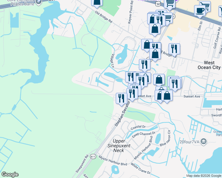 map of restaurants, bars, coffee shops, grocery stores, and more near 12541 Whispering Woods Drive in Ocean City
