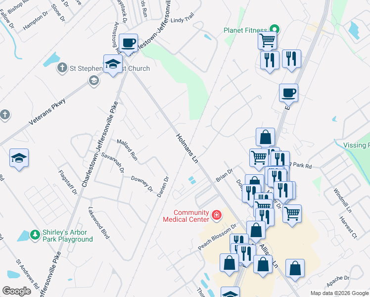 map of restaurants, bars, coffee shops, grocery stores, and more near 3305 Holmans Lane in Jeffersonville