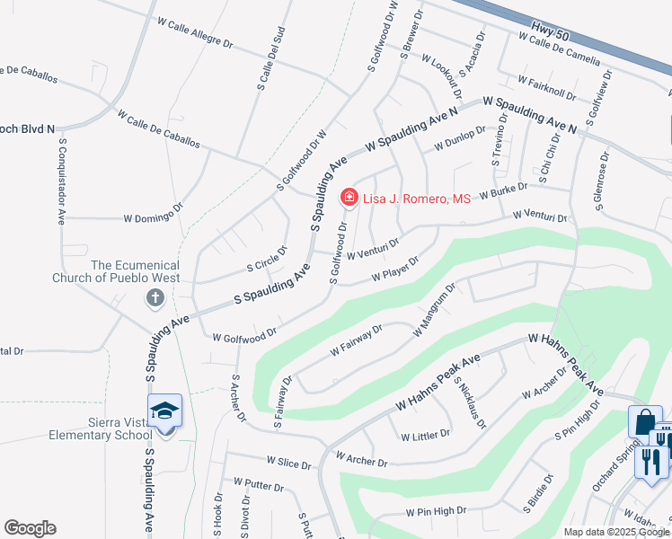 map of restaurants, bars, coffee shops, grocery stores, and more near 210 South Golfwood Drive East in Pueblo West