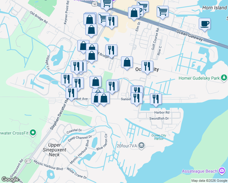 map of restaurants, bars, coffee shops, grocery stores, and more near 12709 Sunset Avenue in Ocean City