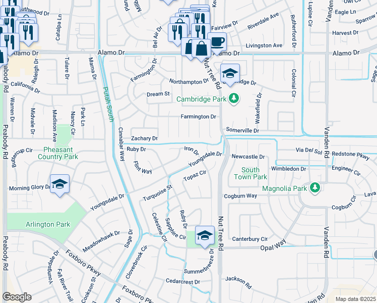 map of restaurants, bars, coffee shops, grocery stores, and more near 937 Iron Drive in Vacaville