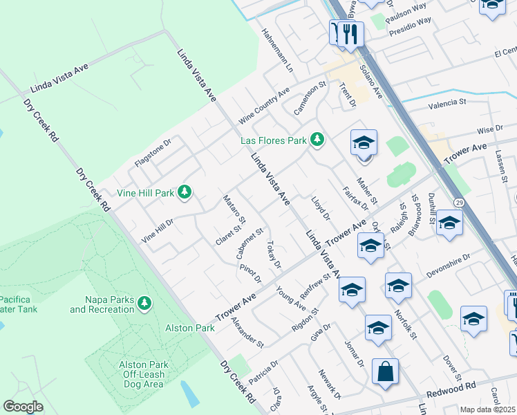 map of restaurants, bars, coffee shops, grocery stores, and more near 4207 Linda Vista Avenue in Napa