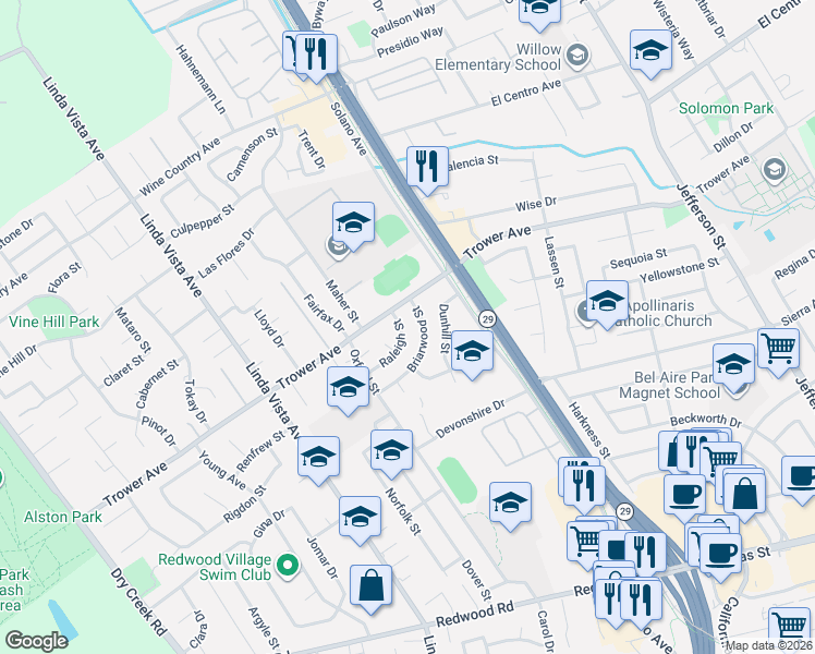 map of restaurants, bars, coffee shops, grocery stores, and more near 2073 Trower Avenue in Napa