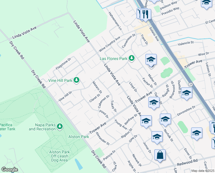 map of restaurants, bars, coffee shops, grocery stores, and more near 4207 Linda Vista Avenue in Napa