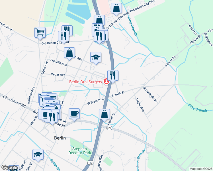 map of restaurants, bars, coffee shops, grocery stores, and more near 314 Franklin Avenue in Berlin