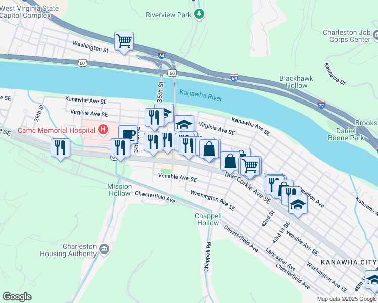 map of restaurants, bars, coffee shops, grocery stores, and more near 3613 36th Street Southeast Bridge in Charleston