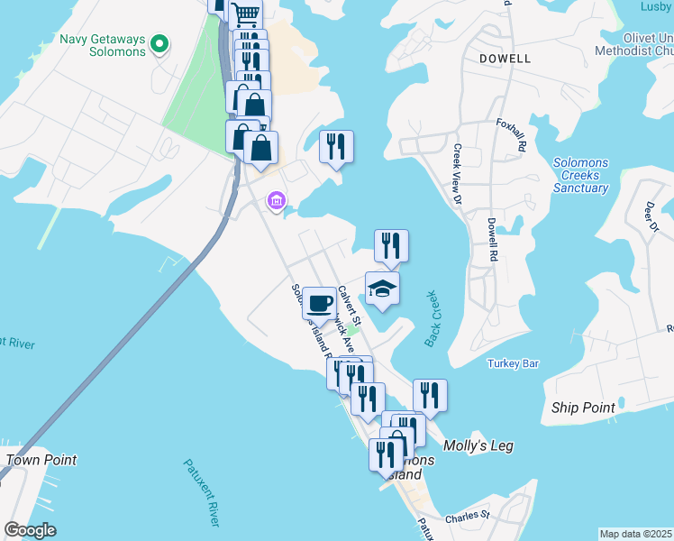 map of restaurants, bars, coffee shops, grocery stores, and more near 14274 Calvert Street in Solomons