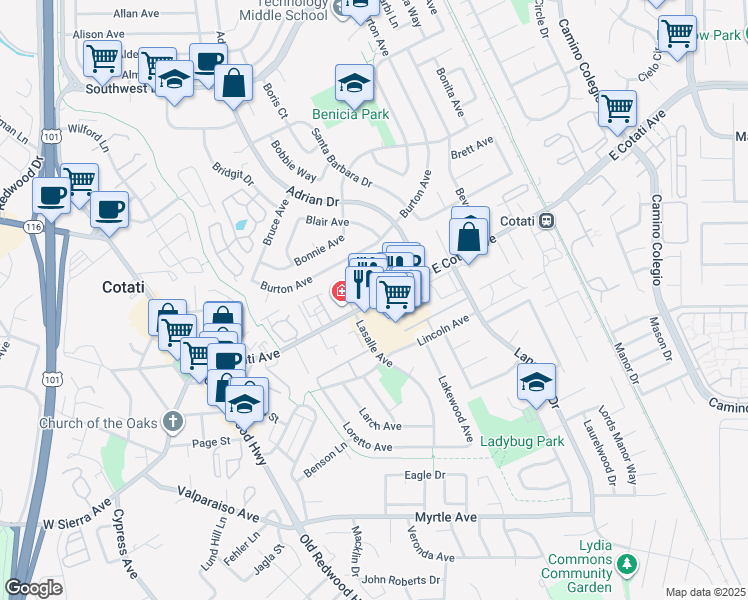 map of restaurants, bars, coffee shops, grocery stores, and more near 14 Dyquisto Way in Cotati