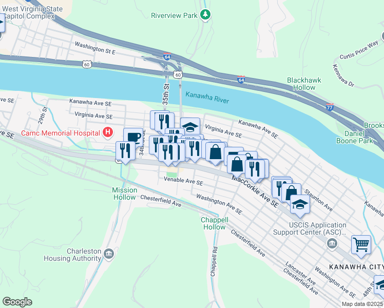 map of restaurants, bars, coffee shops, grocery stores, and more near 3601 Staunton Avenue Southeast in Charleston