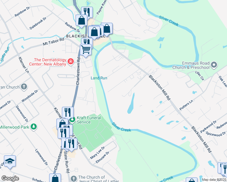 map of restaurants, bars, coffee shops, grocery stores, and more near 219 Silver Creek Drive in Clarksville
