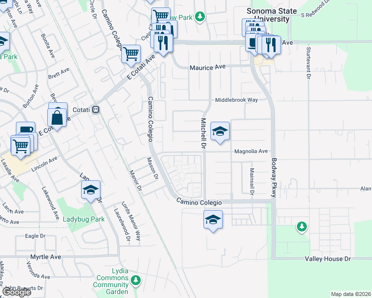 map of restaurants, bars, coffee shops, grocery stores, and more near 1356 Magnolia Avenue in Rohnert Park