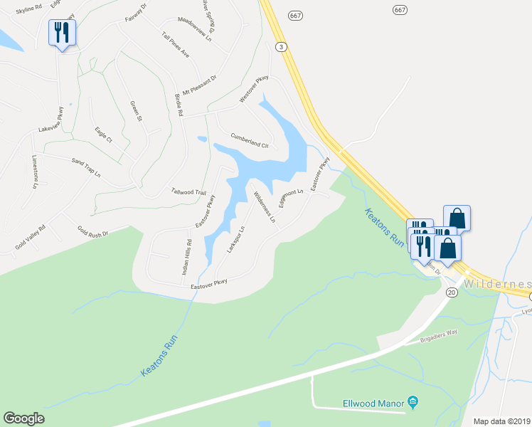 map of restaurants, bars, coffee shops, grocery stores, and more near 203 Wilderness Lane in Locust Grove
