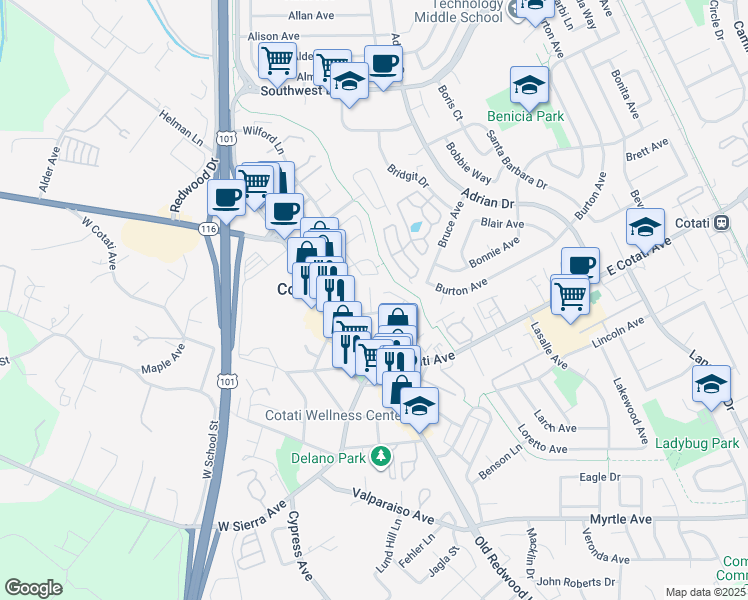 map of restaurants, bars, coffee shops, grocery stores, and more near 91 George Street in Cotati