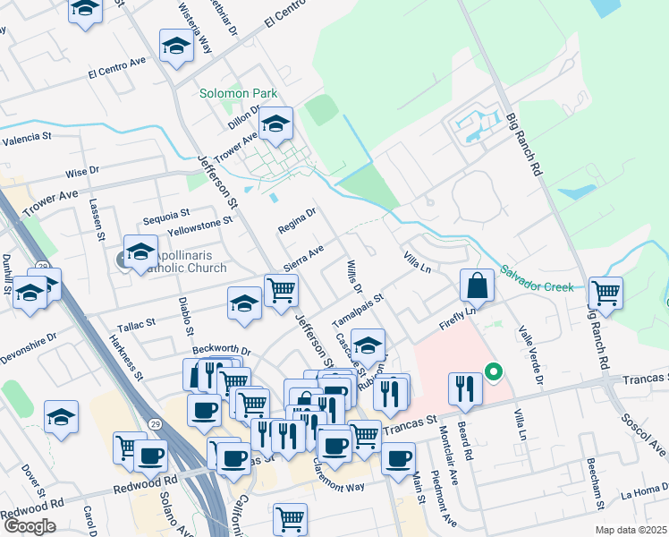 map of restaurants, bars, coffee shops, grocery stores, and more near 1233 Sierra Avenue in Napa