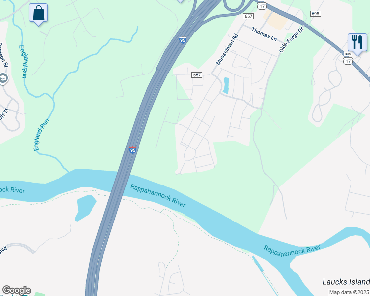 map of restaurants, bars, coffee shops, grocery stores, and more near 110 Lookout Way in Fredericksburg