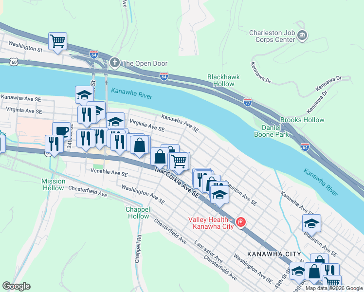 map of restaurants, bars, coffee shops, grocery stores, and more near 3906 Virginia Avenue Southeast in Charleston