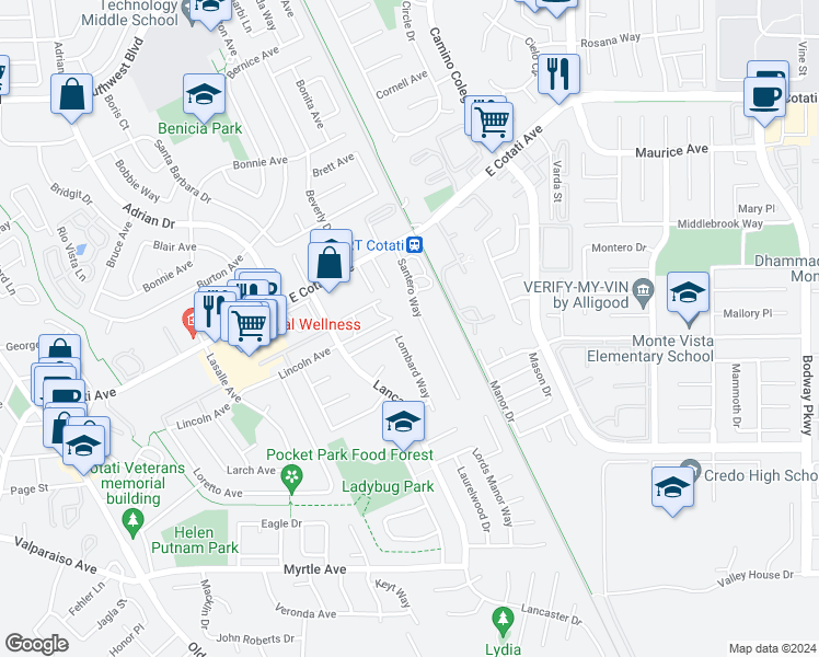 map of restaurants, bars, coffee shops, grocery stores, and more near 6583 Santero Way in Cotati