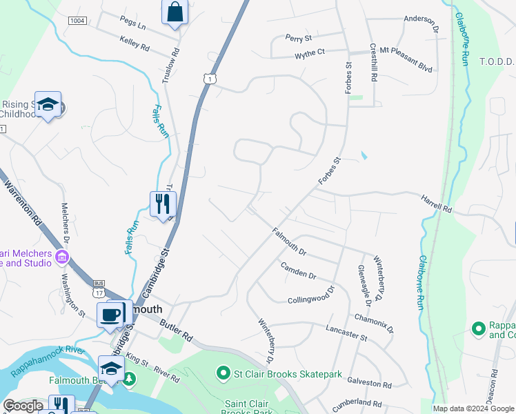 map of restaurants, bars, coffee shops, grocery stores, and more near 132 Falmouth Drive in Fredericksburg