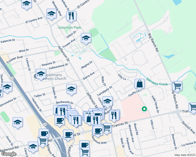 map of restaurants, bars, coffee shops, grocery stores, and more near 1233 Sierra Avenue in Napa