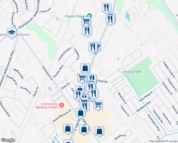 map of restaurants, bars, coffee shops, grocery stores, and more near E 10th St & Vissing Park Rd in Jeffersonville
