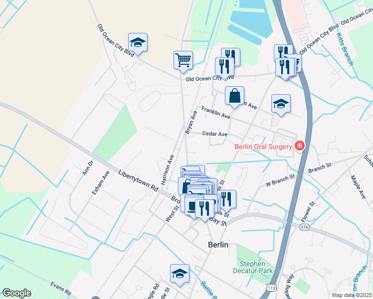 map of restaurants, bars, coffee shops, grocery stores, and more near North Main Street in Berlin