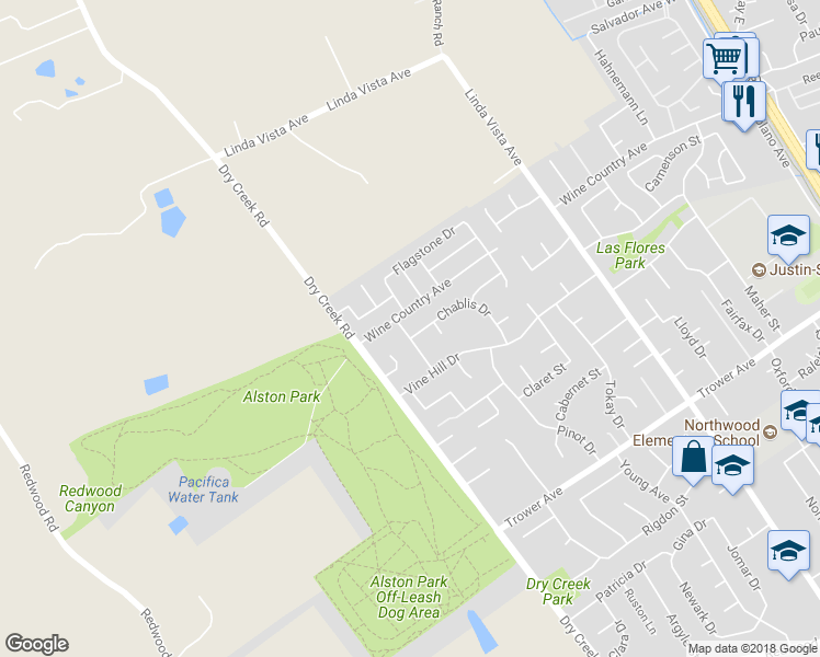 map of restaurants, bars, coffee shops, grocery stores, and more near 4392 Chablis Drive in Napa