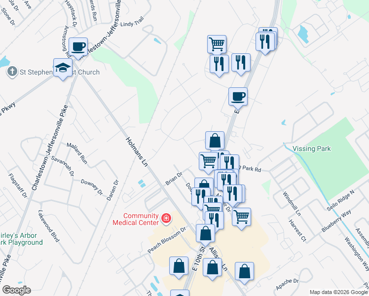 map of restaurants, bars, coffee shops, grocery stores, and more near 3004 Eastbrook Boulevard in Jeffersonville